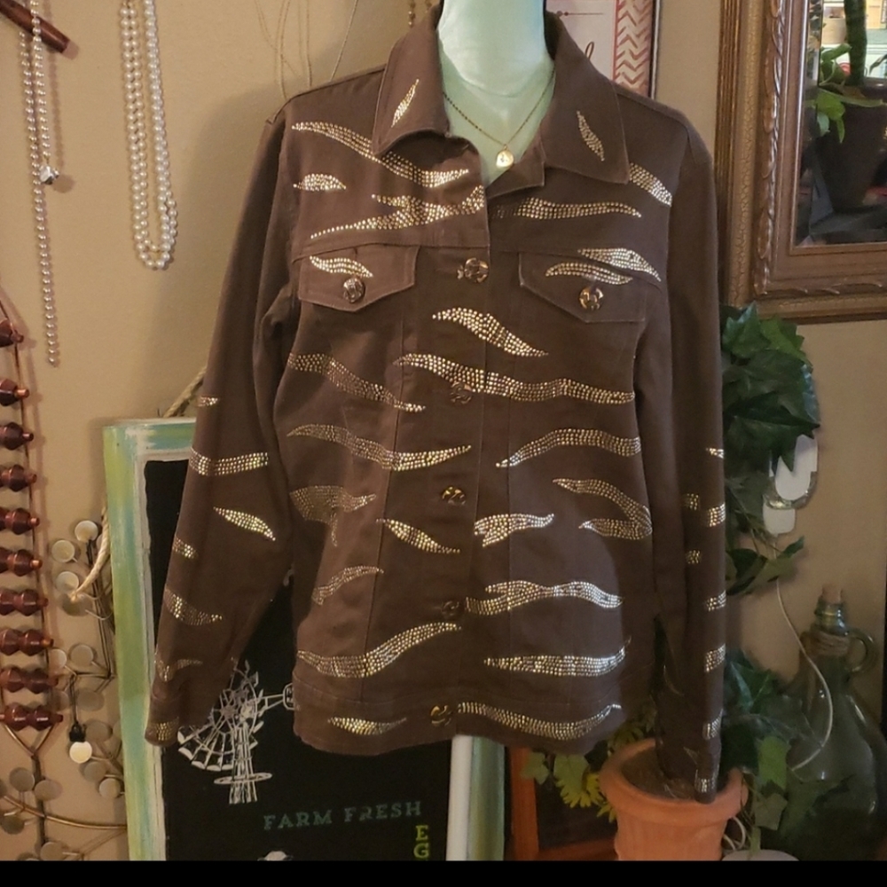 DG2 by Diane Gilman Embellished Brown & Gold Jacket Size Large